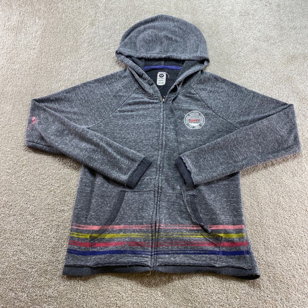 Roxy Full Zip Hoodie Womens Medium Grey Excellent Raglan Surfer Stripe Graphic